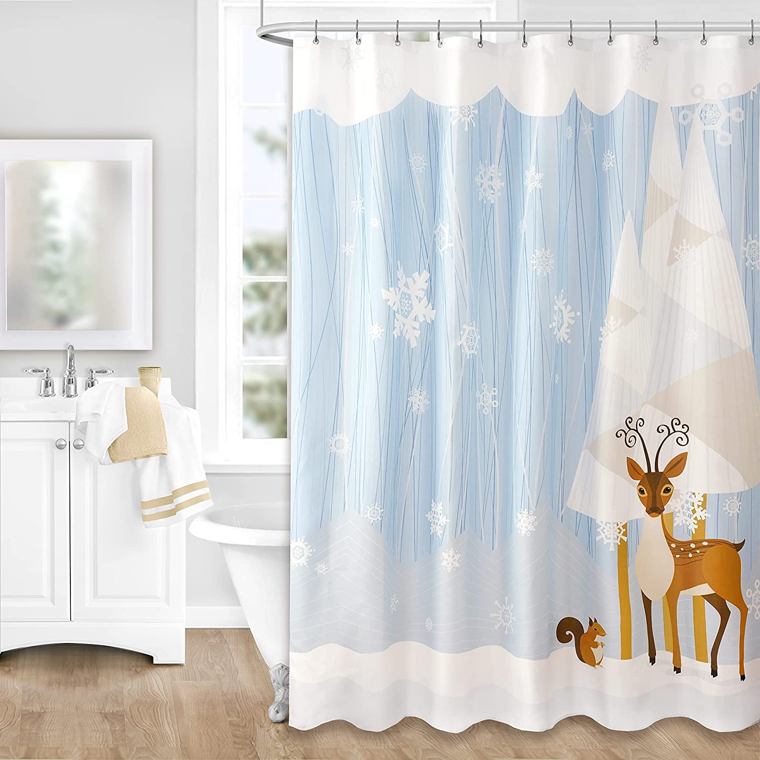 Forest Friends Christmas Holiday Fabric Shower Curtain, Reindeer and