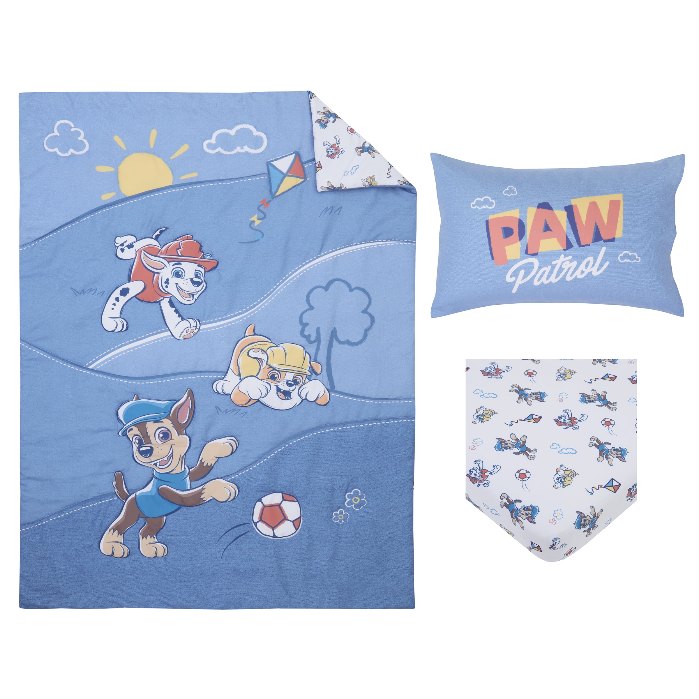 Paw Patrol 3-Piece Toddler Bedding Set, Pups at Play, Toddler Bed, Blue