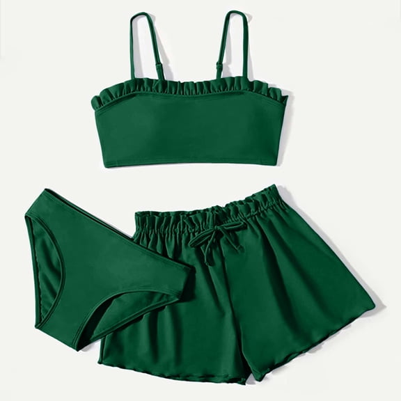 Swimsuit For Girls Cute Toddler Girl'S 3 Piece Swimsuits Soild Bikini Rullfe Bathing Suit Briefs Girls Bikini Swimwear Set Green 140/(10-12 Years)