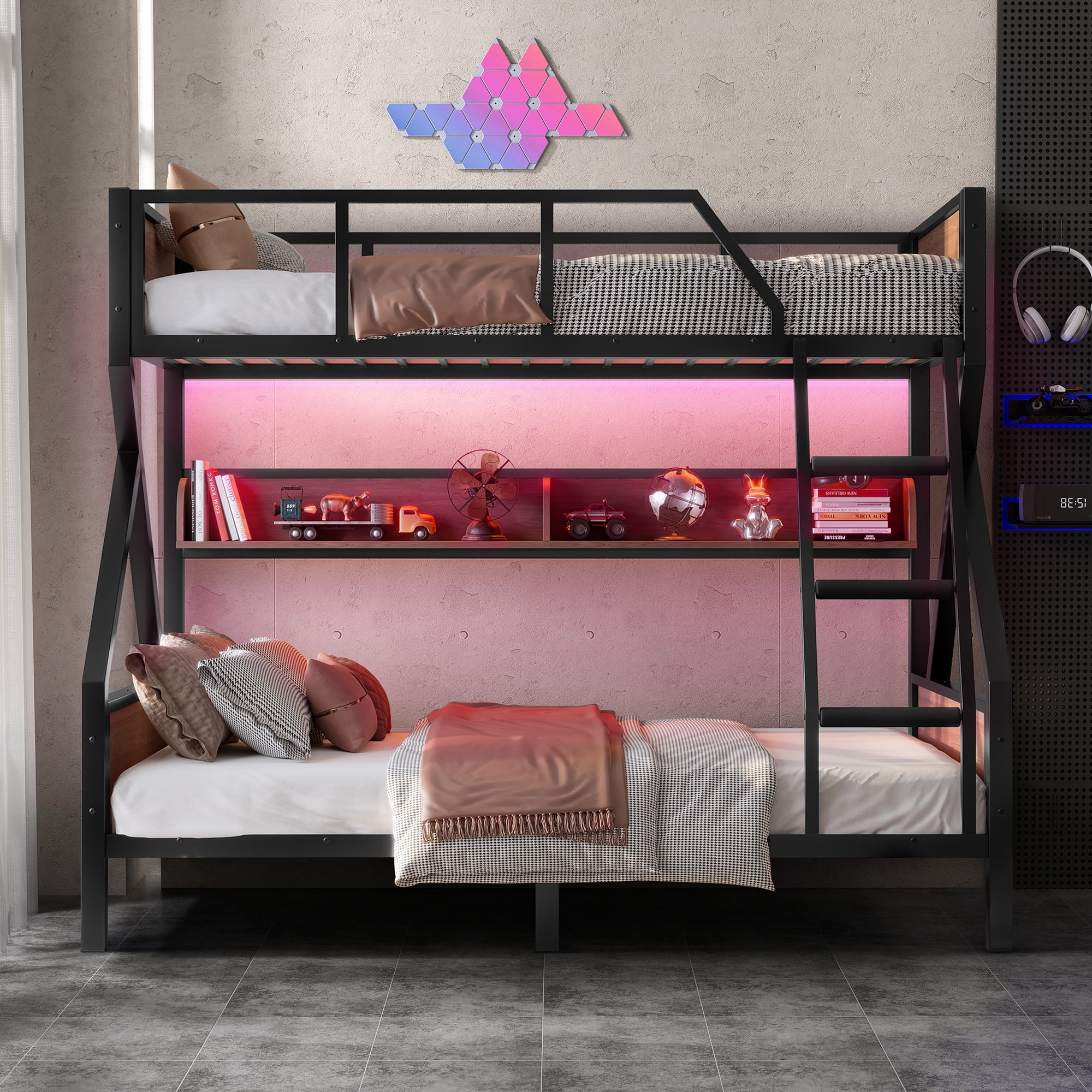 Aukfa Heavy-Duty Twin Over Full Bunk Bed with LED Lights & Storage Shelves, Metal Frame with Guardrails for Kids Teens Adults, Black