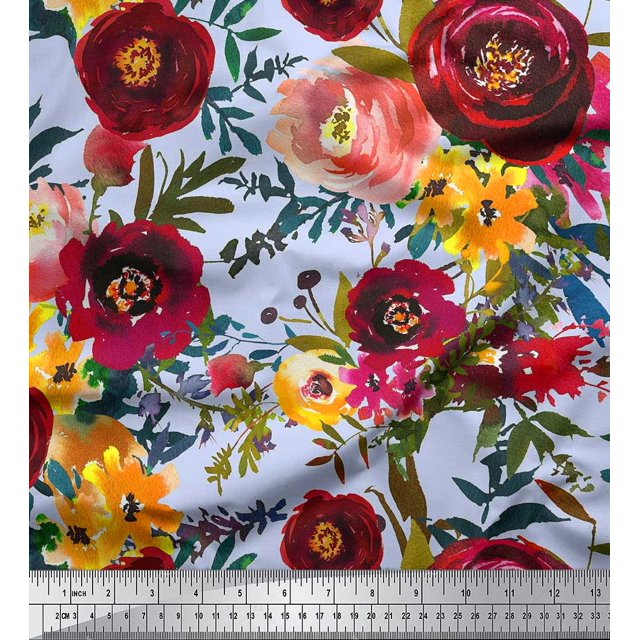 Soimoi Green Modal Satin Fabric Leaves & Pink Floral Decor Fabric Printed BTY 42 Inch Wide