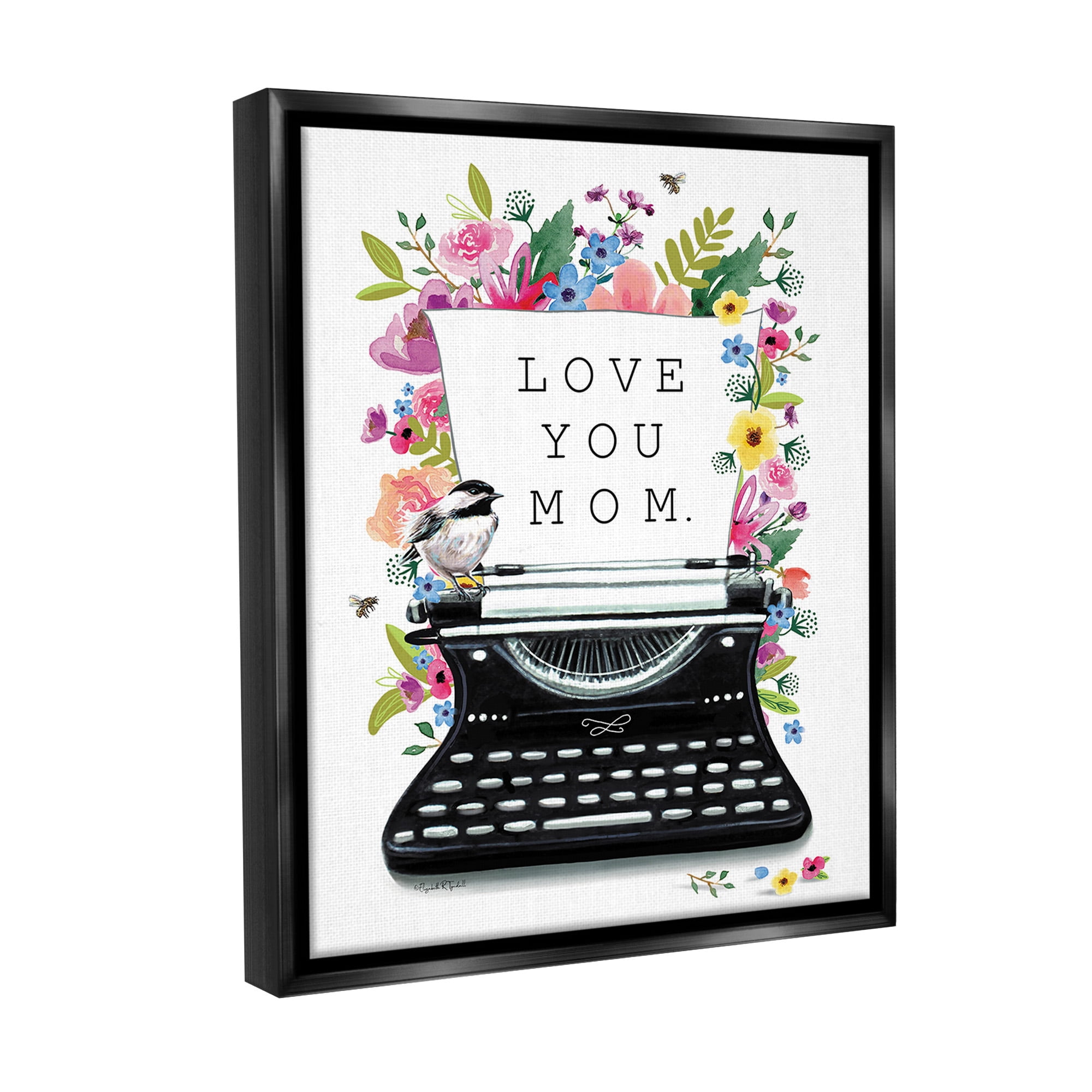 Stupell Industries Love You Mom Typewriter Botanical & Floral Painting Black Floater Framed Canvas Art Print Wall Art, 25 x 31