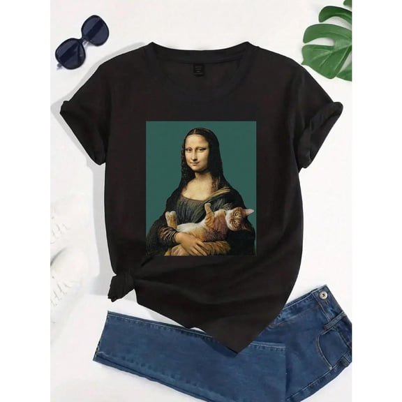 Playful Classic Art - Themed Graphic Tee,Tops Has "Mona Lisa with Cat" Design, Round Neck Regular Fit T - shirts, Size(S - 5XL)