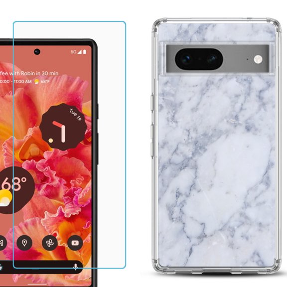 Slim-Fit Gel TPU Phone Case for Google Pixel 7, with Tempered Glass Screen Protector, by OneToughShield ® - Marble / Clouds