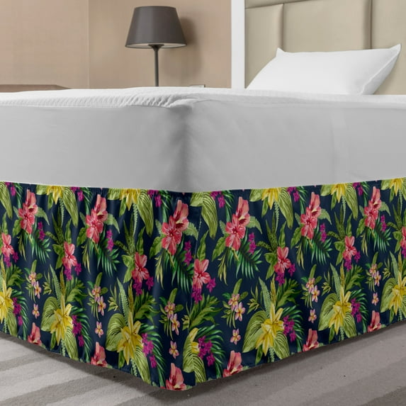 Luau Bed Skirt, Blooming Jungle Setting with Watercolor Effect Hawaiian Flowers, Elastic Bedskirt Dust Ruffle Wrap Around for Bedding Decor, 4 Sizes, Multicolor, by Ambesonne