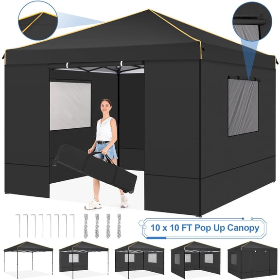 COBIZI 10x10 Pop up Canopy with Sidewalls Waterproof Outdoor Canopy Gazebo Anti-UV Instant Foldable Canopy Tent for Party with Carry Bag,Black