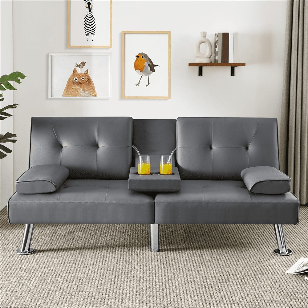 Renwick Modern Faux Leather Convertible Futon Sofa Bed with 2 Throw Pillows & Cup Holders, Gray