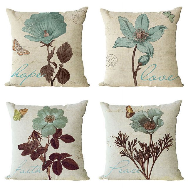 Paquete de 4 fundas de almohada decorativas de lino con diseño floral de 18 x 18