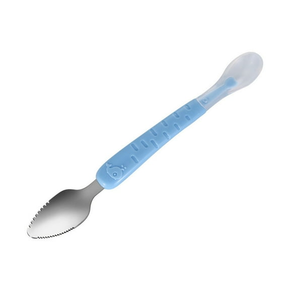 Blue Baby Food Scraper Spoon Blue 304 Stainless Steel And Silicone Double Headed Weaning Spoon For Kids Soft Tip For Oral Safety Fruit Masher Feeding Tool 6.5In 0.2Lb