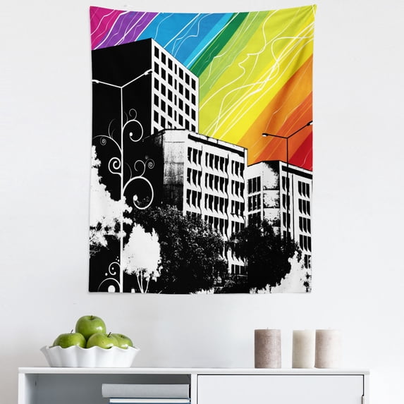 Colorful Tapestry, Black and White Colored Buildings with Rainbow Inspired Colorful Sky Wiev Print, Fabric Wall Hanging Decor for Bedroom Living Room Dorm, 5 Sizes, Multicolor, by Ambesonne