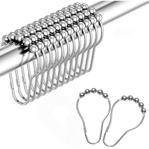 Stainless Steel Shower Curtain Rings 12 Pack, Rust Proof Shower Curtain Hooks for Bathroom Anti Slip Roller Balls for Easy Glide, Chrome (Silver)