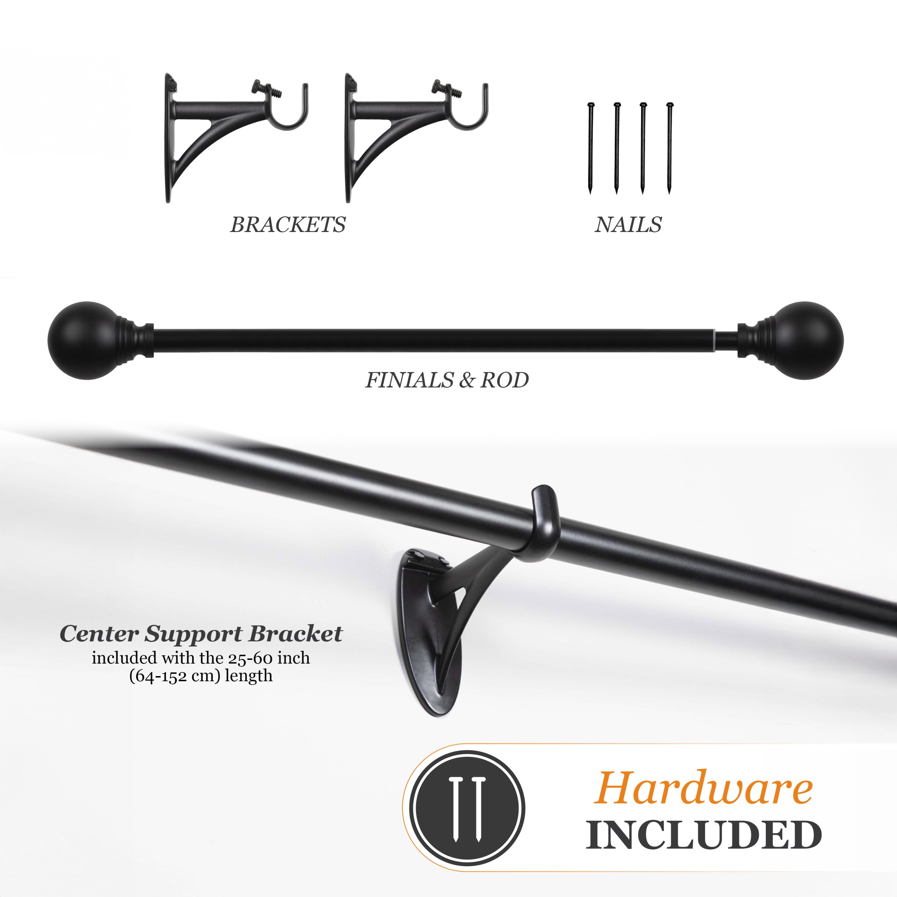 Fast Fit 5/8" Black Adjustable Curtain Rod, 25-60"