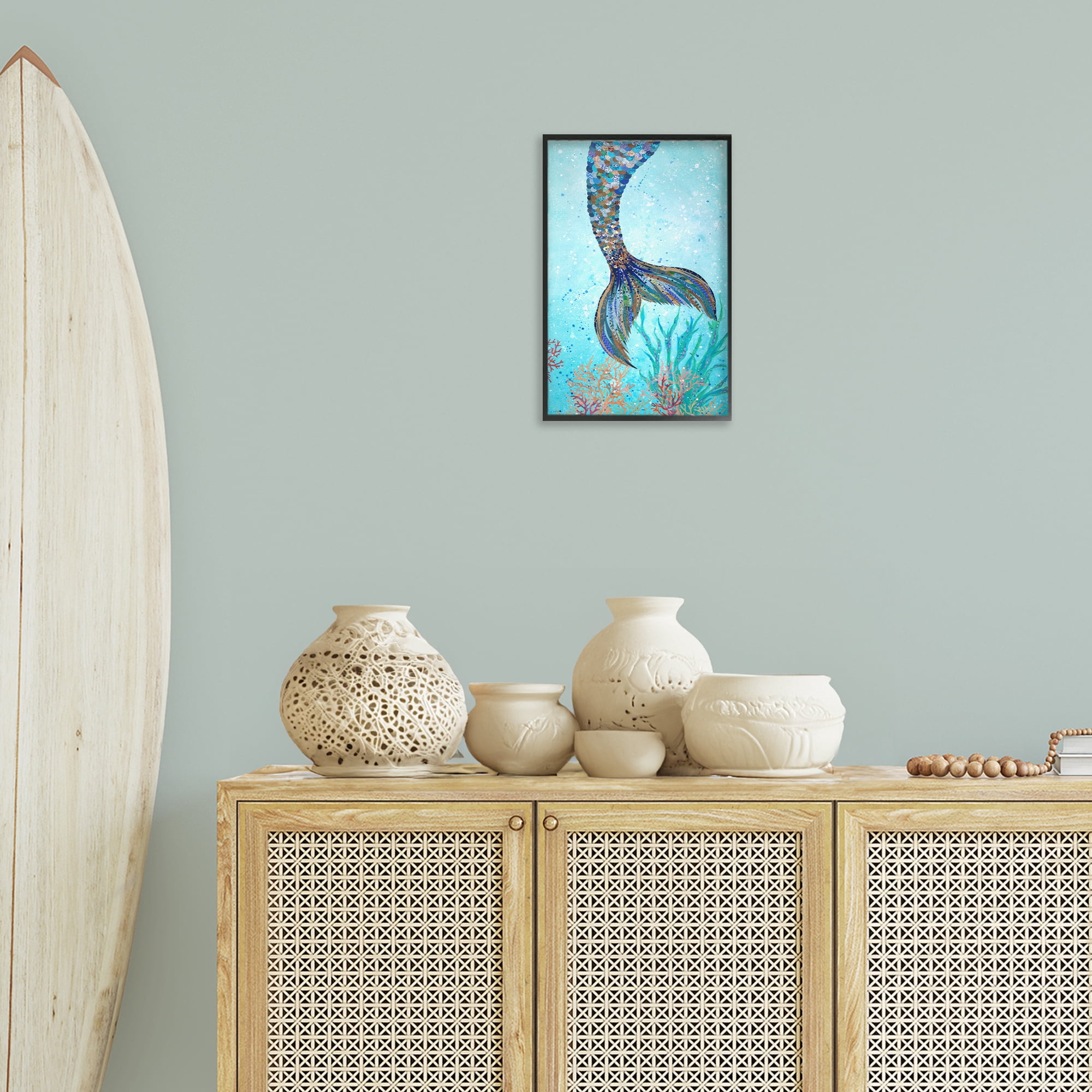 Stupell Industries Tall Tails Mermaid Fairy Tales & Fantasy Painting Black Framed Art Print Wall Art, 12 x 18