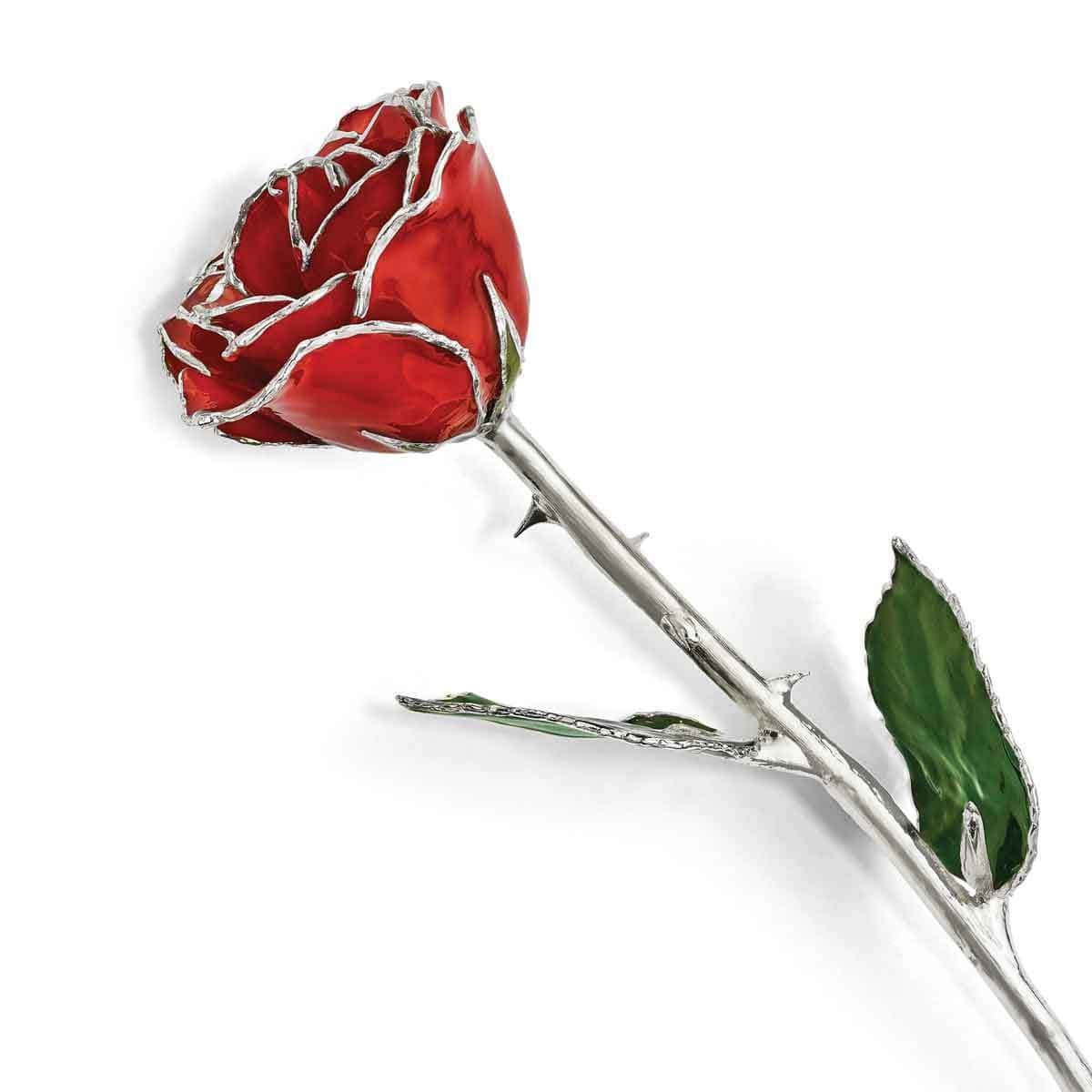 Lacquered Dipped Silverplated Trimmed Green Leaf with Red Rose