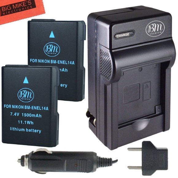 BM Premium Pack of 2 EN-EL14A Batteries and Charger for Nikon D3100, D3200, D3300, D3400, D3500, D5100, D5200, D5300, D5500, D5600, DF, Coolpix P7000, P7100, P7700 Digital SLR Came