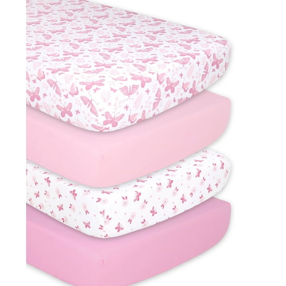 The Peanutshell Fitted Crib Sheets for Baby Girls, 4 Pack Set, Pink Butterfly