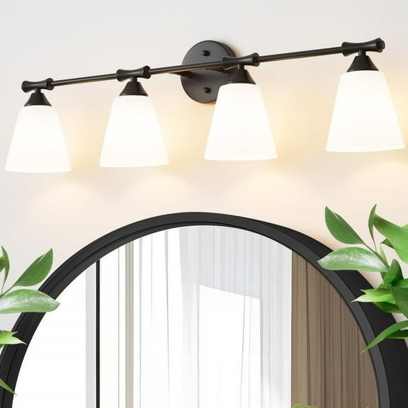 Deyidn Black 4-Light Modern Bathroom Vanity Light - 33.86-Inch Dimmable Bathroom Light Fixture with Milky White Glass Shades for Mirror Lighting
