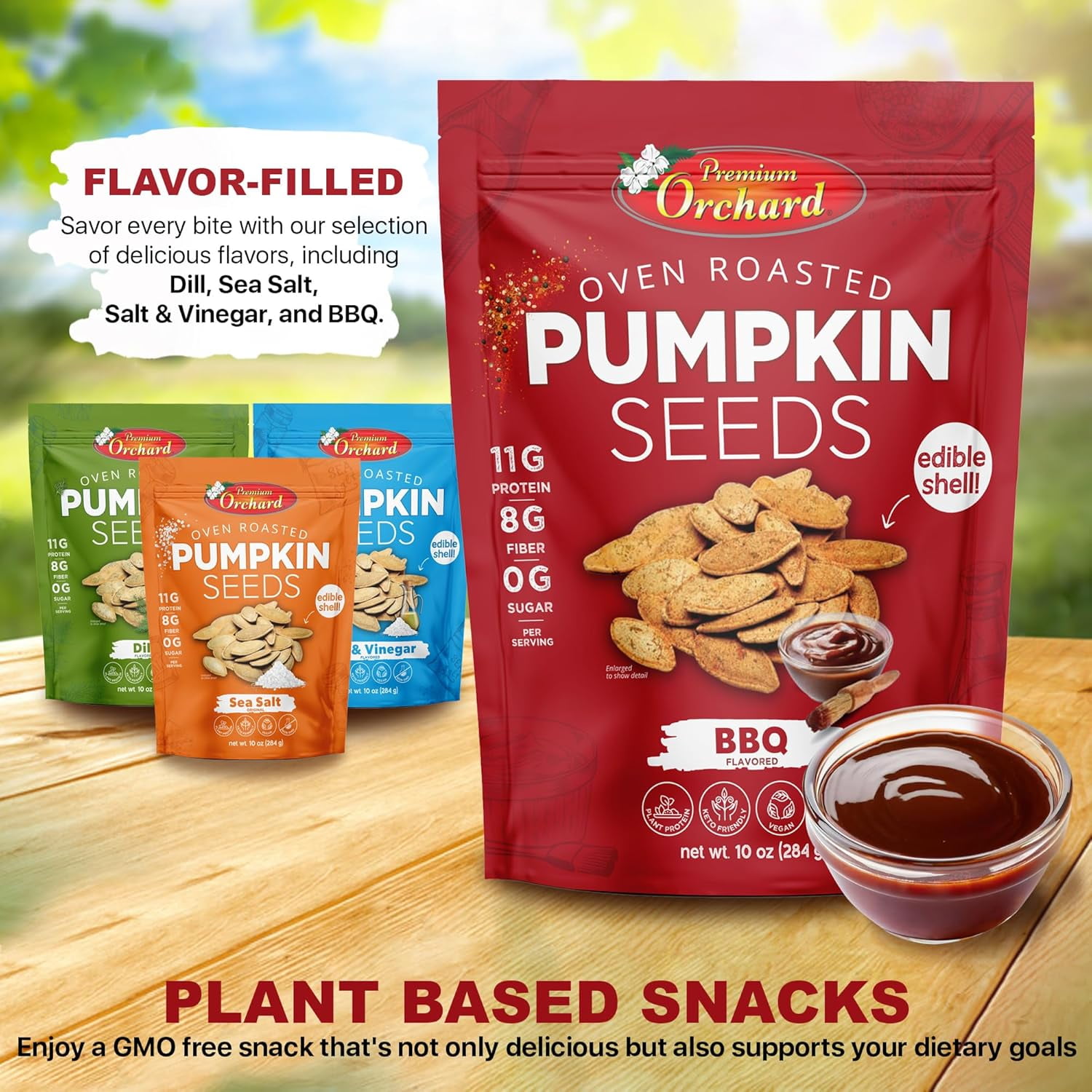 PREMIUM ORCHARD Flavored Pumpkin Seeds Oven Roasted | BBQ | High