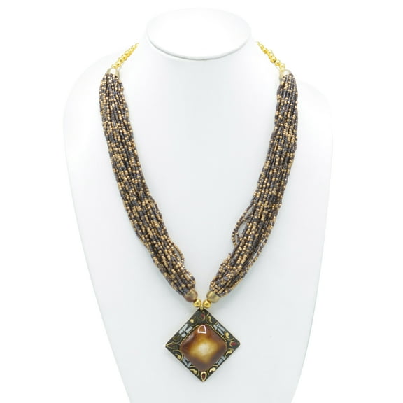 Gold Brown Pendant Resin Brass & Seed Bead Layered Necklace