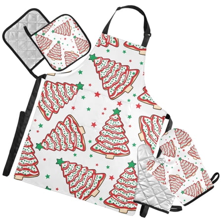 Ryvnso Christmas Tree Cakes Kitchen Apron Oven Mitts Set Pot Holders