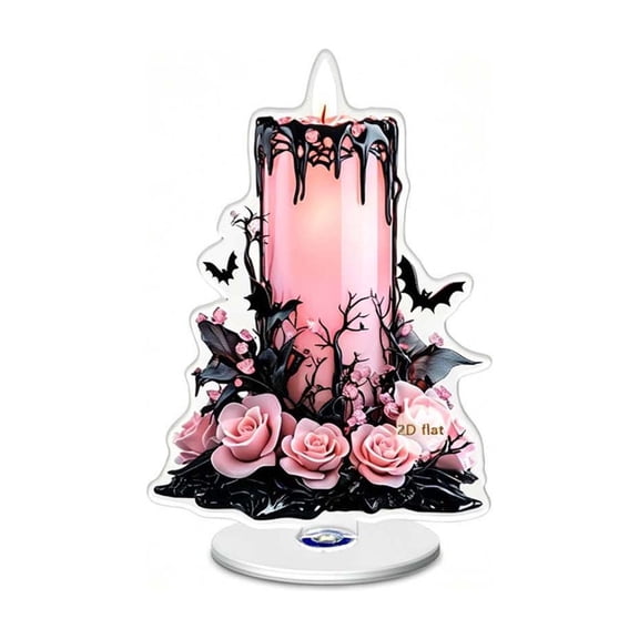 SLYNSHome Rotating Acrylic Tabletop Sign, Pink Candle Haunted Castle Bat Floral Ornament For Mantel Desk Indoor Halloween Harvest Farmhouse Bedroom Party Home Decor