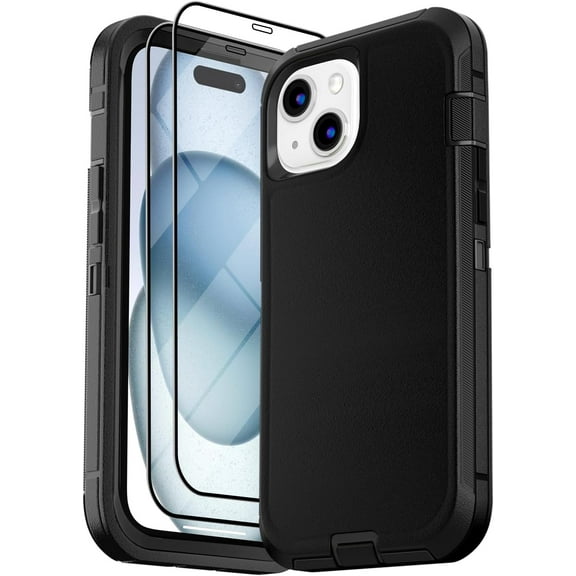3 in 1 Bundle Designed for Apple iPhone 15 Heavy Duty Case with 2 Clear Tempered Glass, Triple Layer Protection Shockproof Dropproof Dustproof Cover for Apple iPhone 15,Black
