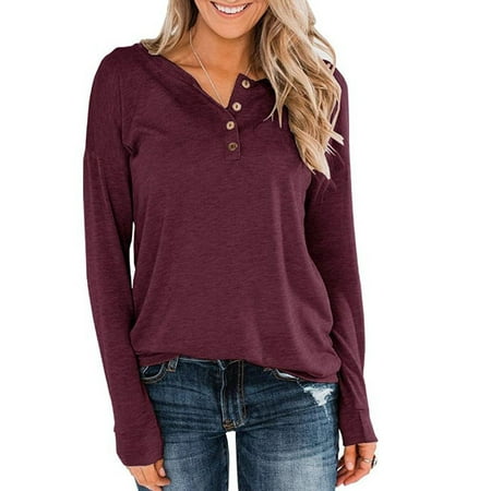 wo-fusoul Black and Friday Deals Plus Size Shirts For Women Long Sleeve Henley Tops Pullover With Buttons Down Casual Loose Fit Pullover V-Neck Tunics Tops