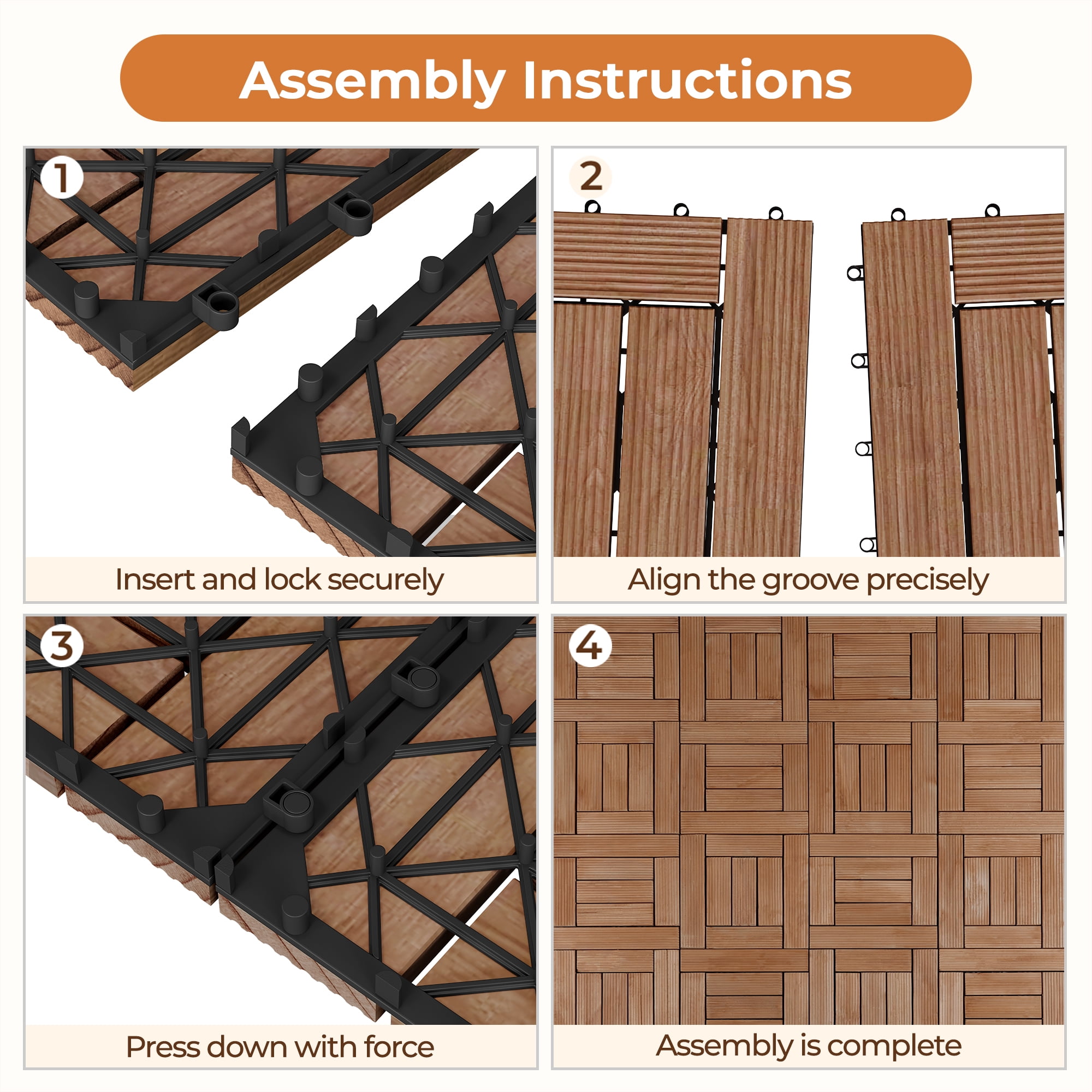 Alden Design 27pcs Indoor & Outdoor Wood Flooring Tiles for Patio Garden, 12" x 12", Brown