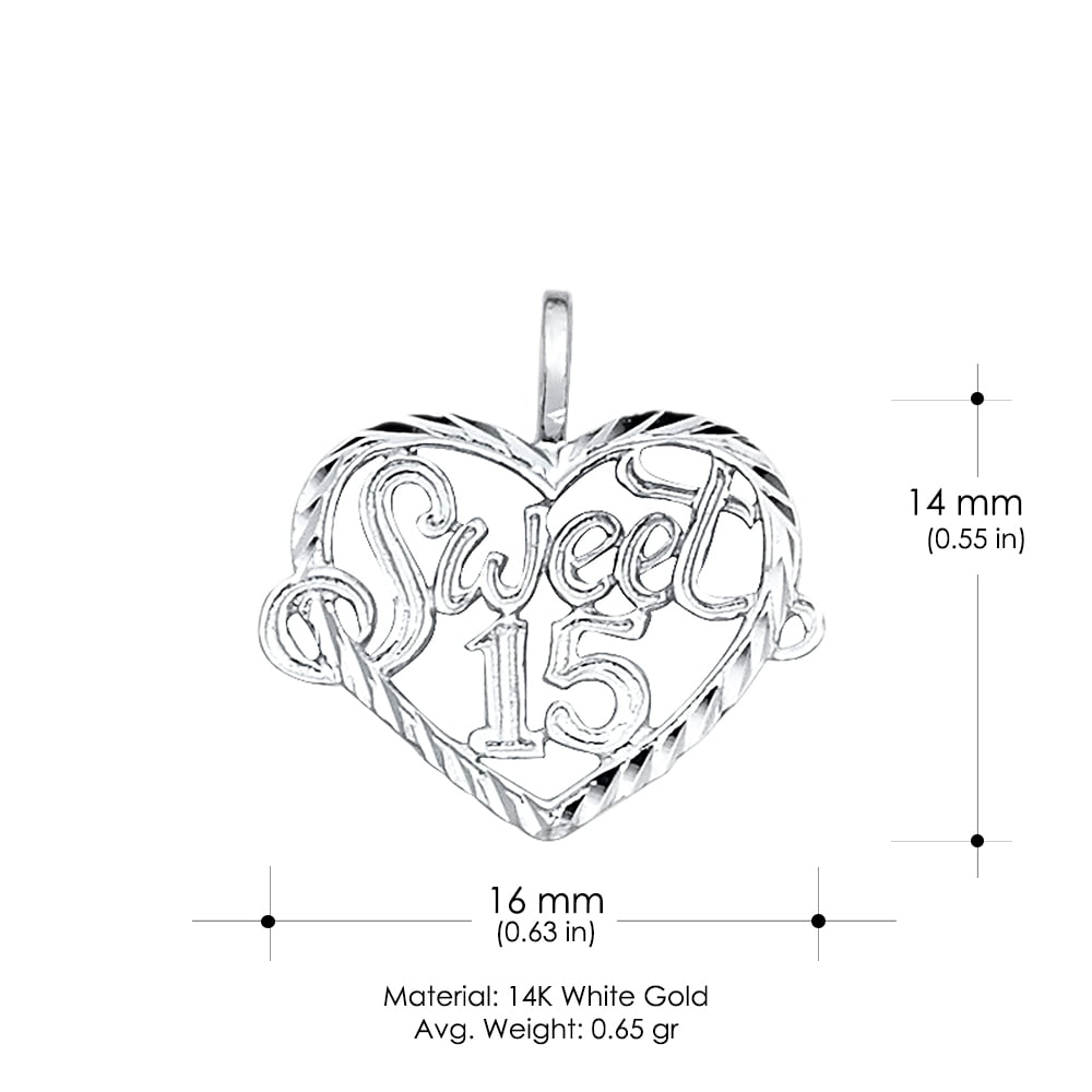 Ioka-14K White Gold 15 Years Quinceanera Years Heart Charm Pendant with 0.9mm Singapore Chain Necklace - 18