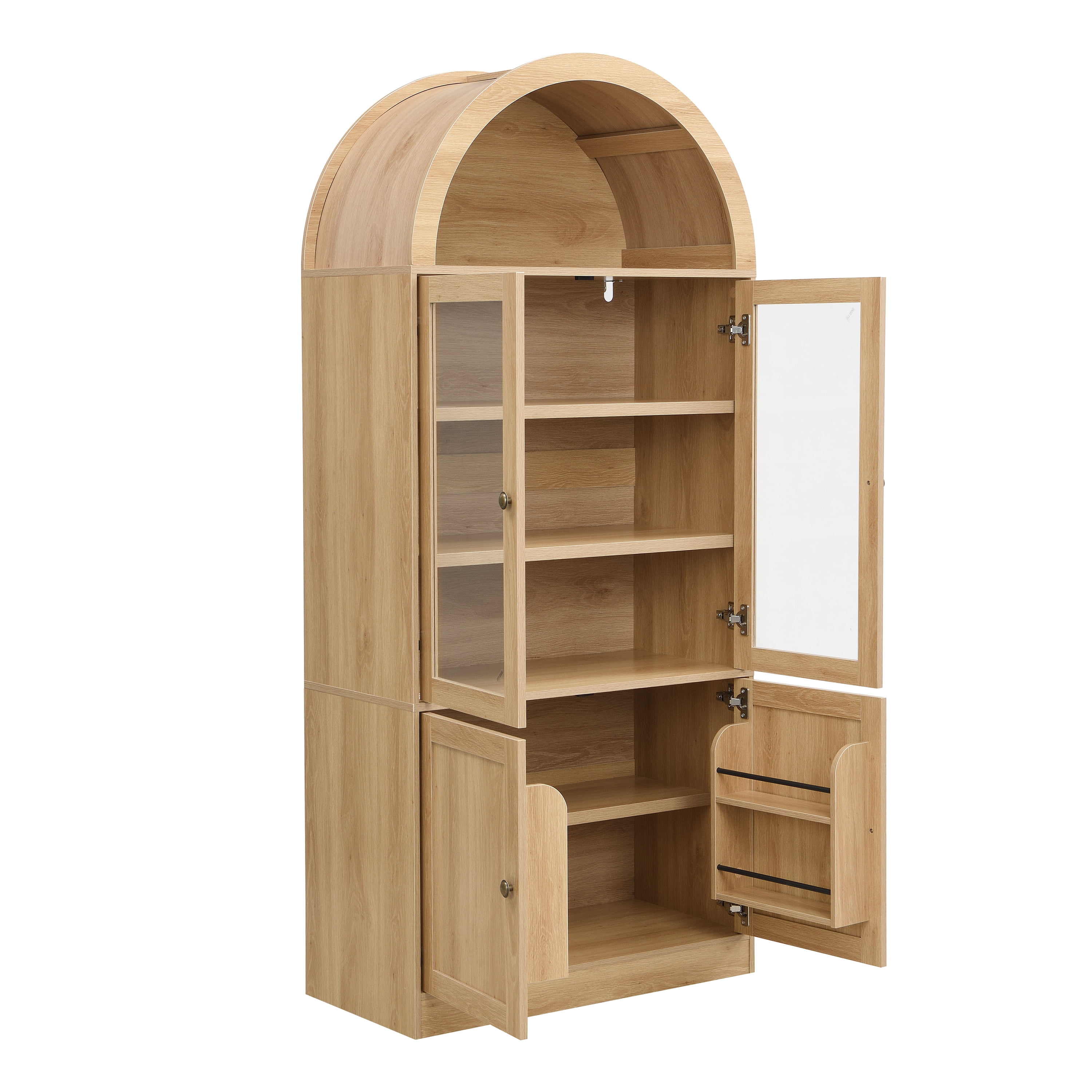 Euroco Arched Kitchen Pantry Storage Cabinet,71" Tall Wood Arched Cabinet with Glass Door,Door Organizer and Open Shelf, Freestanding Display Cabinet for Bathroom,Kitchen & Living Room,Natural