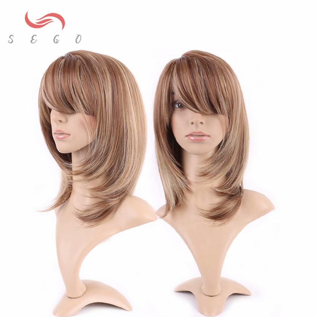 SEGO Long Curly Synthetic Hair Wig with Bangs Short Fluffy Wigs Full Head Heat Resistance Hair Wig for Women