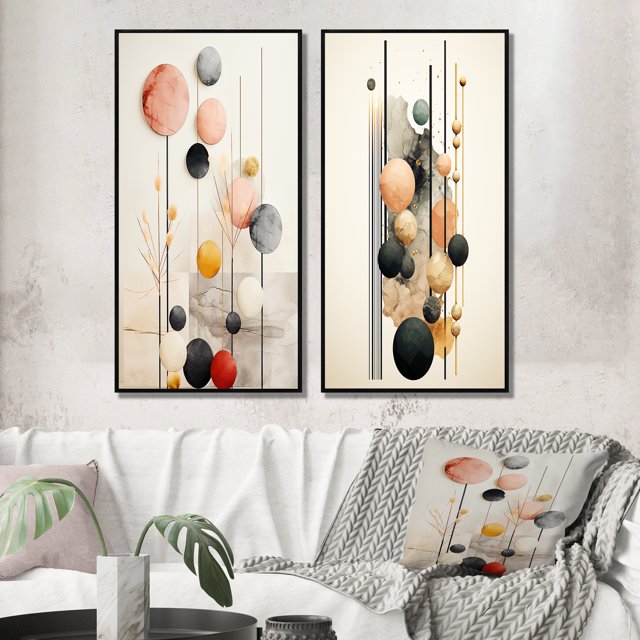Designart "Retro Pastel Opulence Circular Geometry II" Modern Geometric Framed Wall Art Set Of 2 - Modern Black Gallery Wall Frame Set For Home Decor