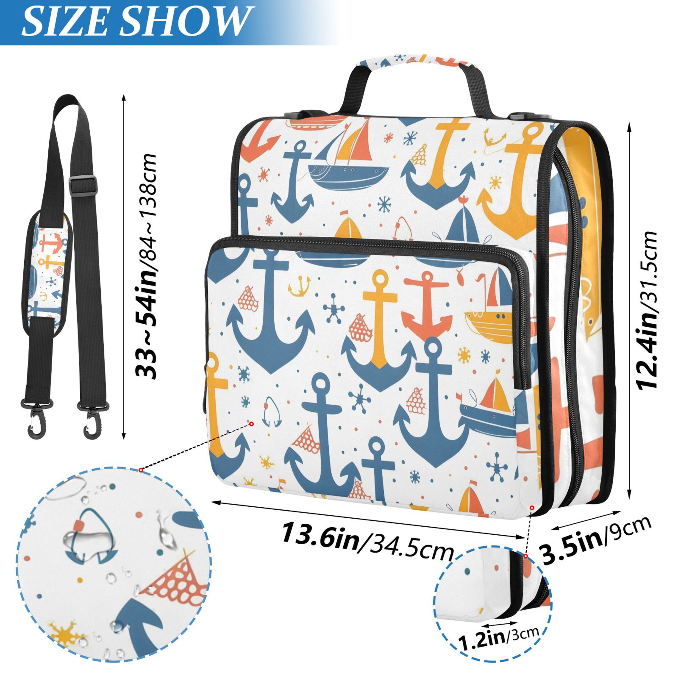 3 Ring Zipper Binder with Shoulder Strap Waterproof Trapper Keeper 2 Inch D-Ring 500 Sheets Capacity Anchors Boats Dots