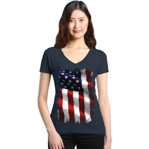Shop4Ever Women's Patriotic American Flag 4th of July USA Slim Fit V-Neck T-Shirt XX-Large Charcoal