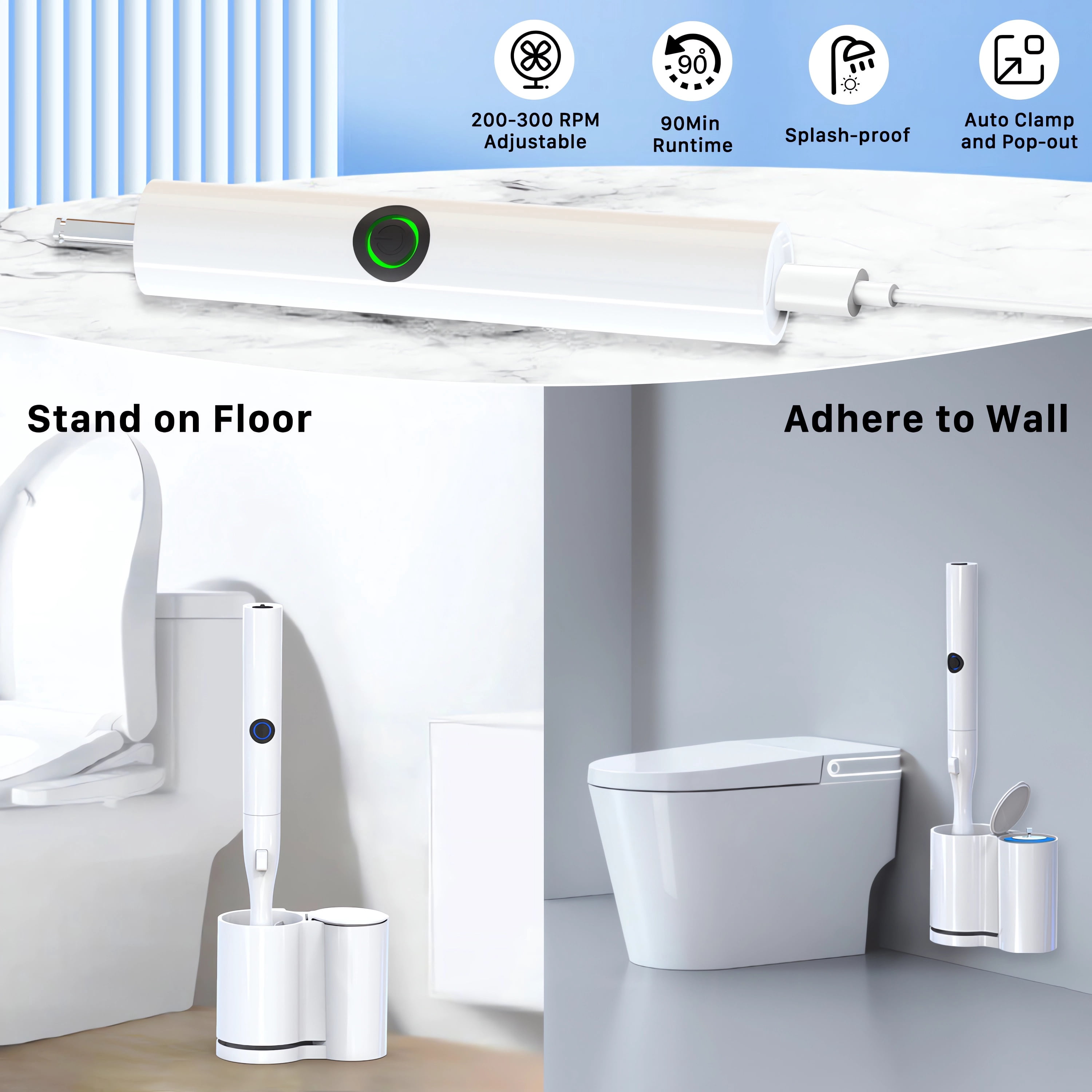 Hillyfe Electric Toilet Brush and Holder, Cordless Rechargeable Cleaning Scrubber with Nylon Head, 15 Disposable Refill Heads, Wall-Mount Hook