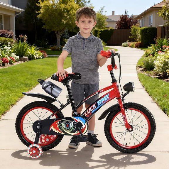 Bicicleta para Niños R16, con Adjustable Seat Handbrake, Ruedas de Entrenamiento con Luces, Canasta, Termo, Bicicleta con 4 Ruedas de 4 a 8 Años (Rojo)