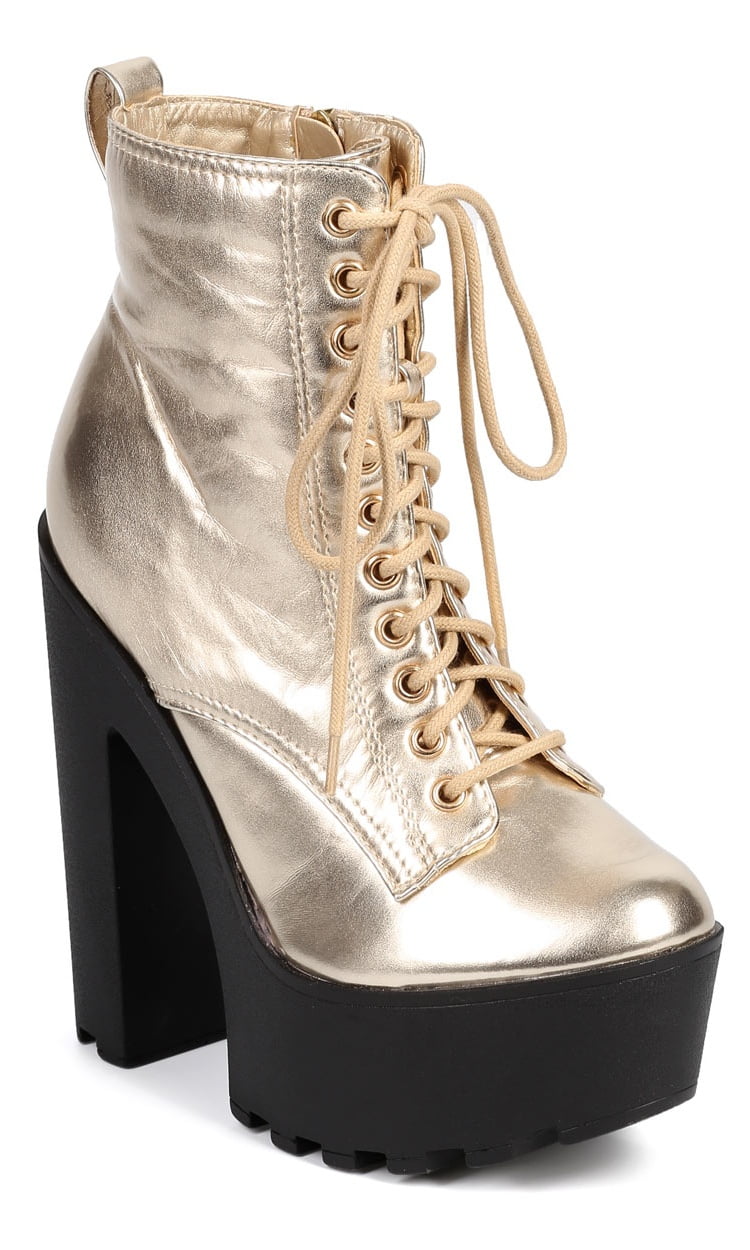 Breckelles DC28 Women Metallic Lace Up Lug Sole Platform Combat Boot