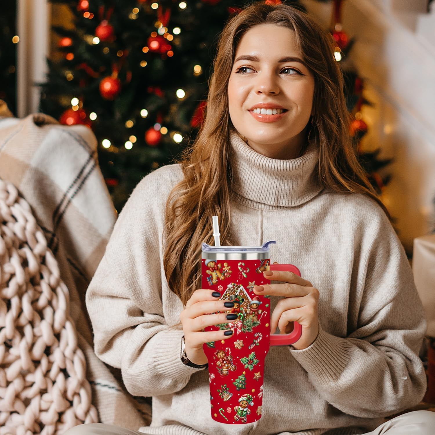 40 oz Gingerbread Christmas Tumbler with Handle Gifts for Women Adults Girls, Stainless Steel Christmas Insulated Tumblers with Lids and Straws, Red