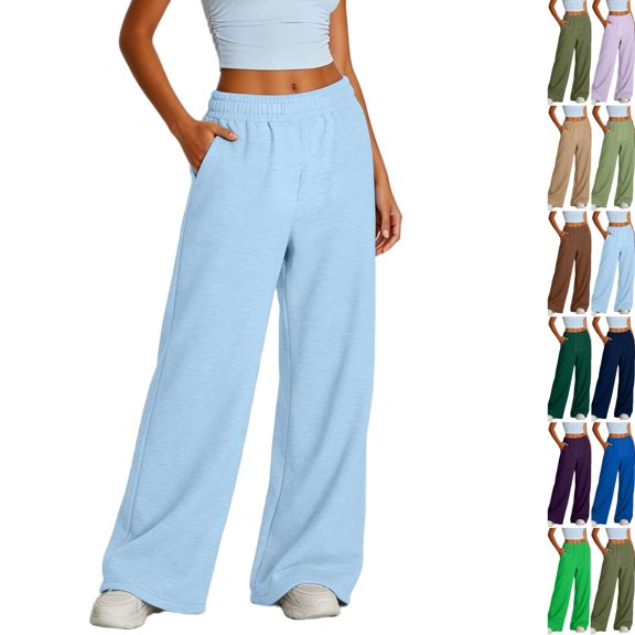Wide Leg Sweatpants Women Baggy Straight Leg Joggers with Pockets Soft Fleece Sweat Pants Light Blue L