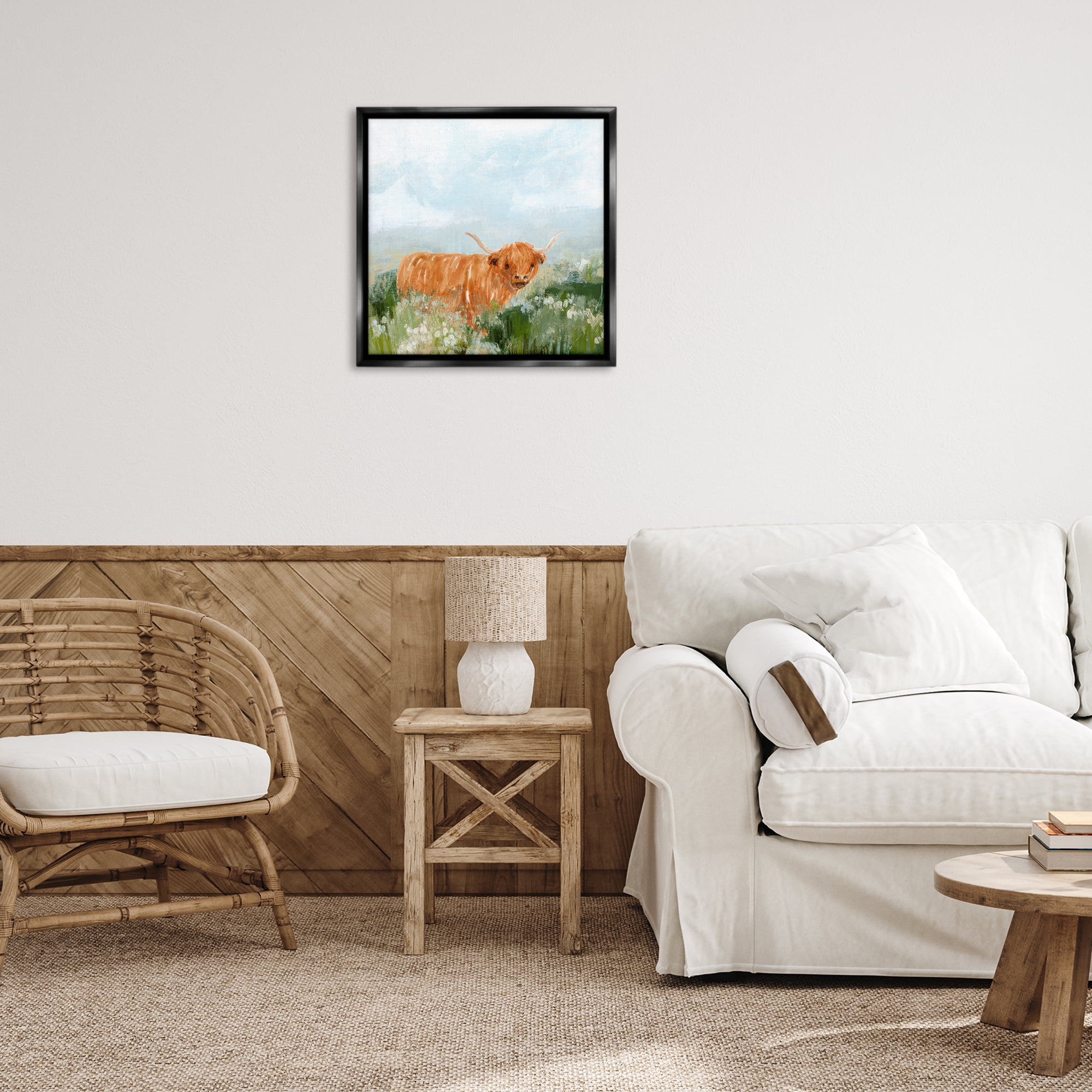 Stupell Industries Longhorn Cattle Country Field Animals & Insects Painting Black Floater Framed Canvas Art Print Wall Art, 25 x 25