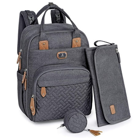 Dikaslon Diaper Bag Backpack with Portable Changing Pad, Pacifier Case and Stroller Straps, Large Unisex Baby Bags for Boys Girls, Multipurpose Travel Back Pack for Moms Dads, Dark Gray Dark Grey