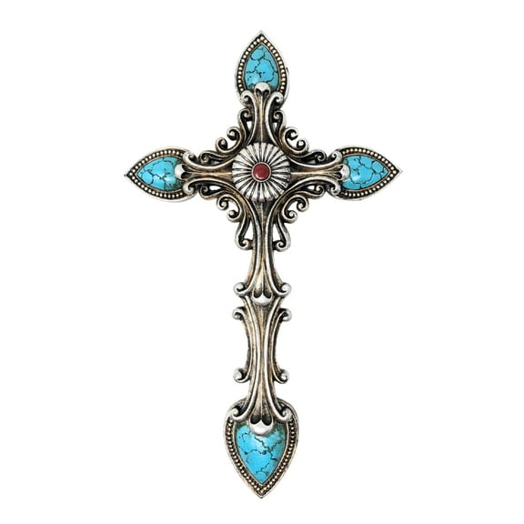 Rustic Silver Wall Cross with Faux Turquoise Gem Accents – Ornate Scrollwork Southwestern-Inspired Cross – Vintage Resin Religious Décor for Home, Church, or Office – Housewarming or Holiday Gift