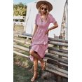 thumbnail image 3 of Vestido camisero para mujer, sin mangas, cuello en V, vestido midi a rayas, plisado, con volantes, vestido casual con botón Xishao Moderno, 3 of 6