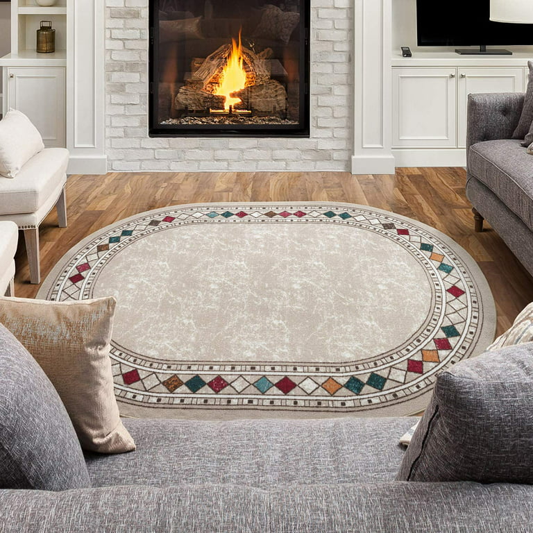 Alfombras Modern Bordered 5x7 Non-Skid (Non-Slip) Low Profile Pile Rubber  Backing Indoor Area Rugs (Beige, 5' x 7' Oval) 