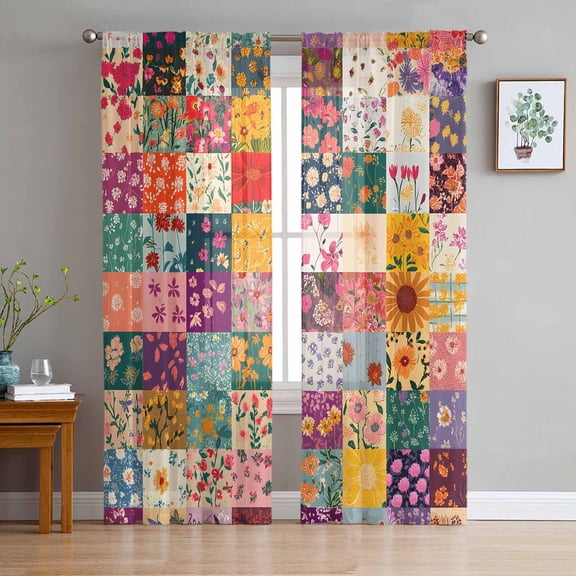Spring Floral Sheer Curtains 108 Inch Length 2 Panels Set for Living Room/Bedroom, Vintage Plaid Summer Botanical Colorful Semi Curtain Sheers Drapes Rod Pocket Curtains Window Treatment 52''x108''x2