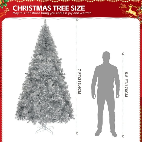 Pre-Assembled Christmas Tree - Hinged PET & 900-1350 Tips. 6-8ft with Metal Stand, Silver for Indoor Decor.