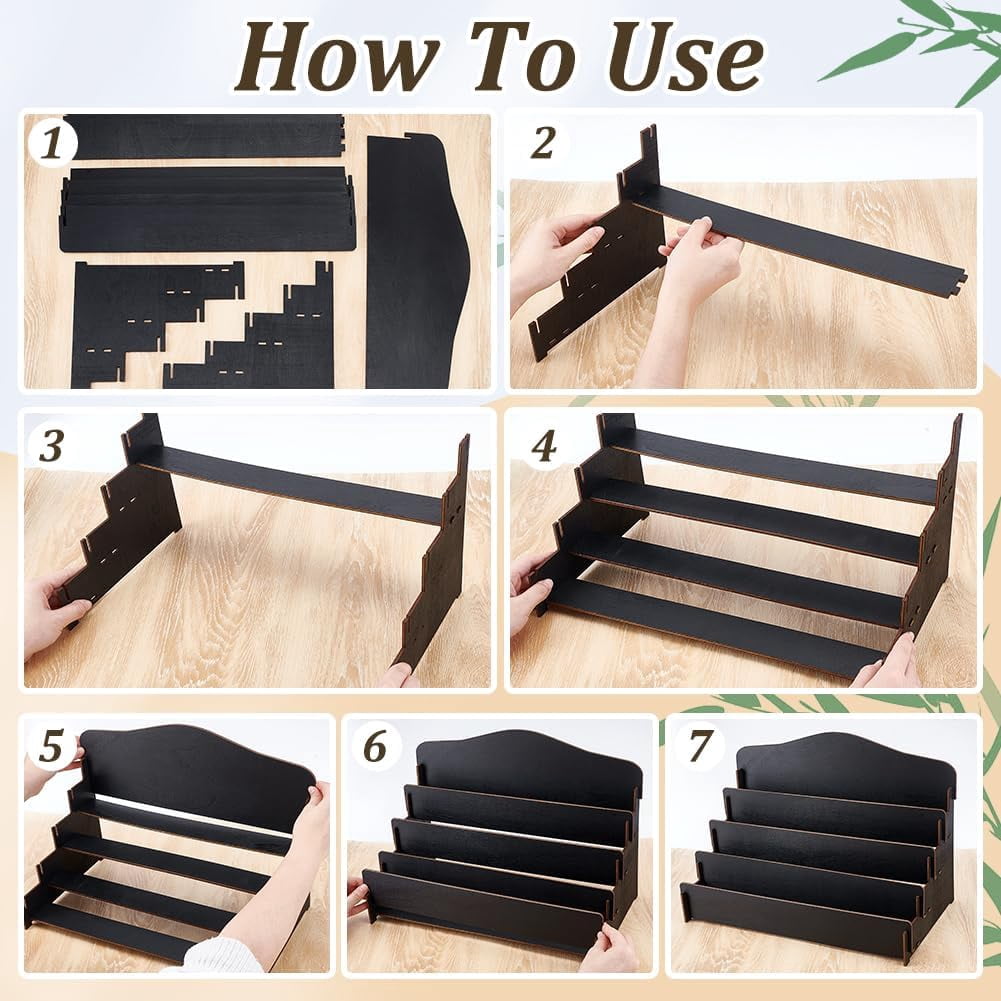 Greeting Card Display Stand Holder 4-Tier Wooden Organizer Display Rack Postcard Display Portable Birthday Card Display Sticker Display Stand for Vendors Counter Retail Display Holder Black