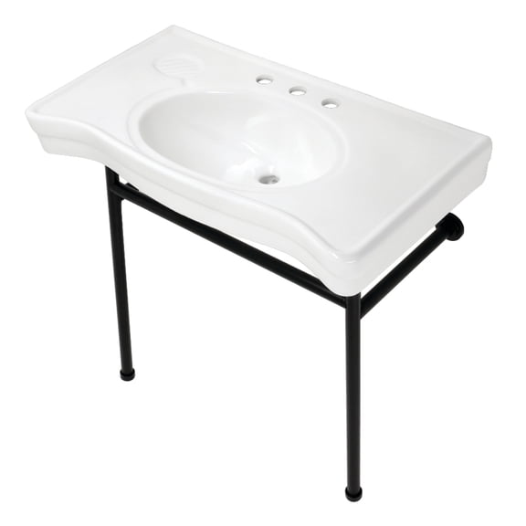 Kingston Brass VPB28140W80 Bristol 36" Ceramic Console Sink with Stainless Steel Legs (8-Inch, 3-Hole), White/Matte Black
