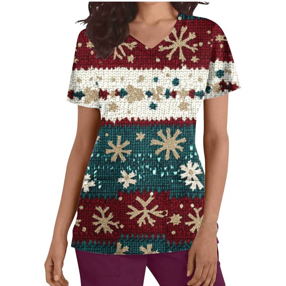 JINGWANGYHBD Womens Scrub Shirts 2024 Lightweight Christmas Tops Cute Print Nurse Uniforms Loose Short Sleeve Shirt Vacation Uniform Top with Pockets
