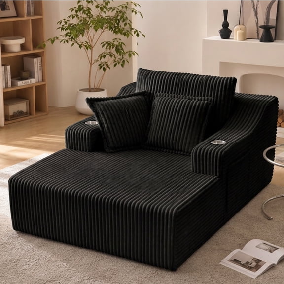 Leumius Oversized Chaise Lounge Chair Indoor,67'' Faux Fur Upholstered Boneless Sofa Bed,Deep Seat Sleeper Cloud Sofa with Cup Holders & 3 Pillows for Living Room, No Assembly Required,Black